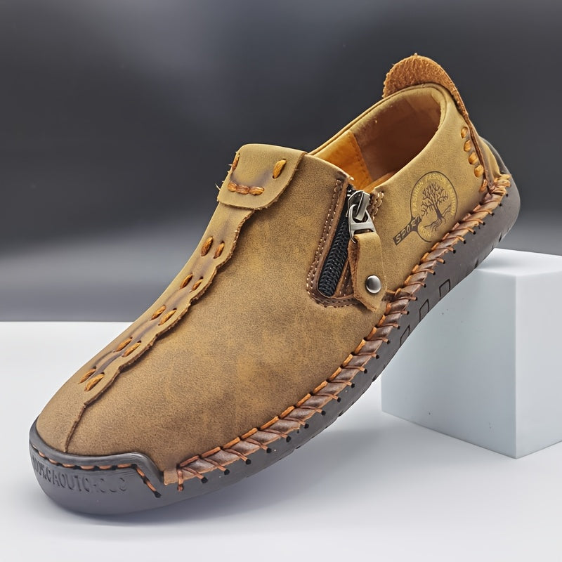 Men'S Vintage Loafers - Handmade Synthetic Shoes with Zipper Closure, Round Toe & Rubber Sole, Brown & Black Design for Casual & Formal Wear, Formal Footwear, Durable Footwear
