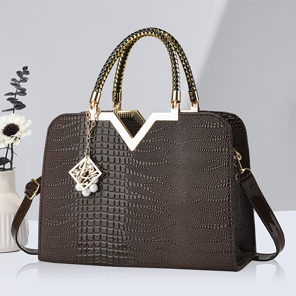 [Stylish Crocodile Bag] Stylish Crocodile Texture Eonothem Women's Handbag | Black Polyester Multi-Compartment Shoulder Bag with Golden-Tone Hardware, Detachable Chain Strap, and Decorative Charm - Perfect for Everyday Use or