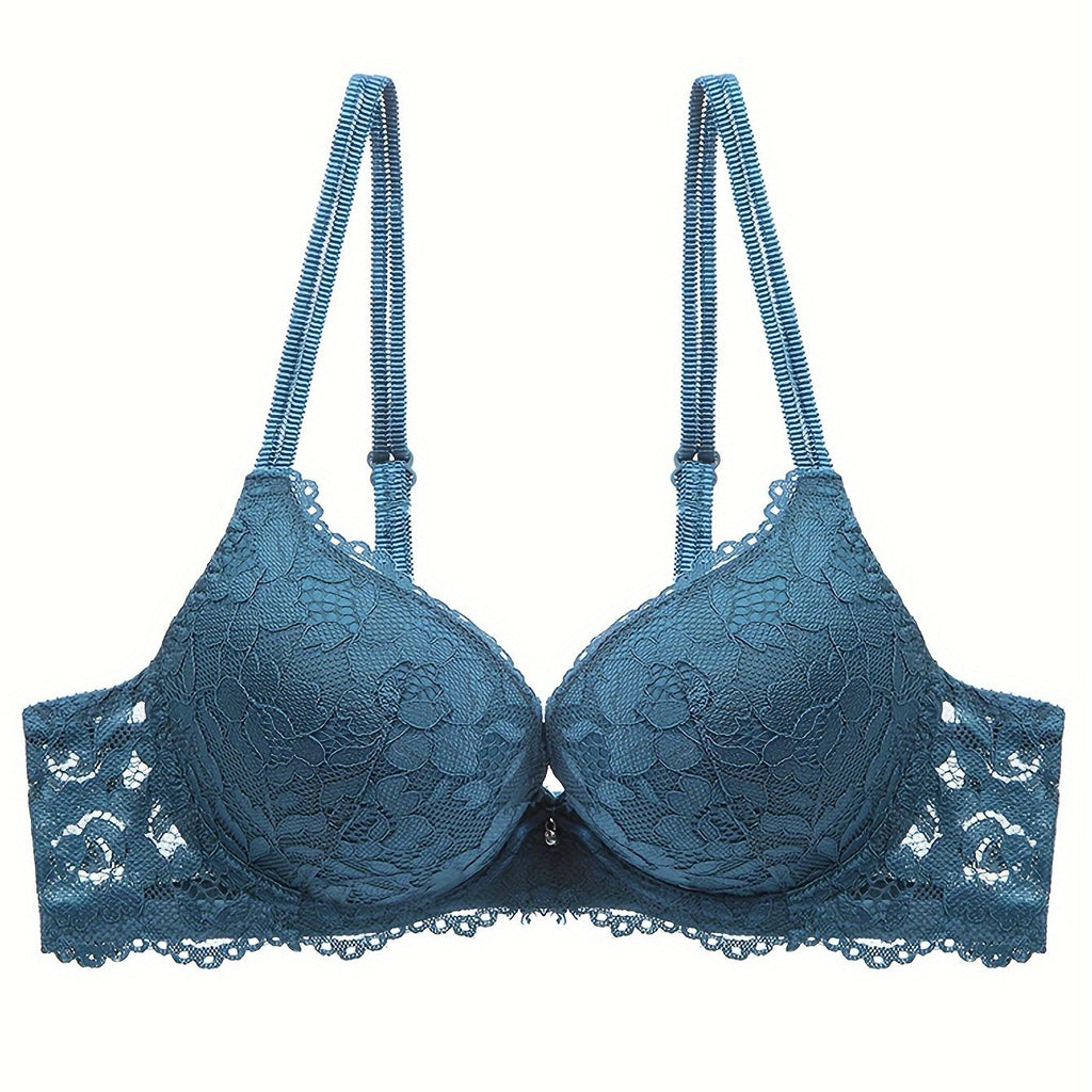 Lace Mesh Hollow Everyday Bra, Comfort & Mature Double Strap Thick Cup Push Up Intimates Bra, Women's Lingerie & Underwear