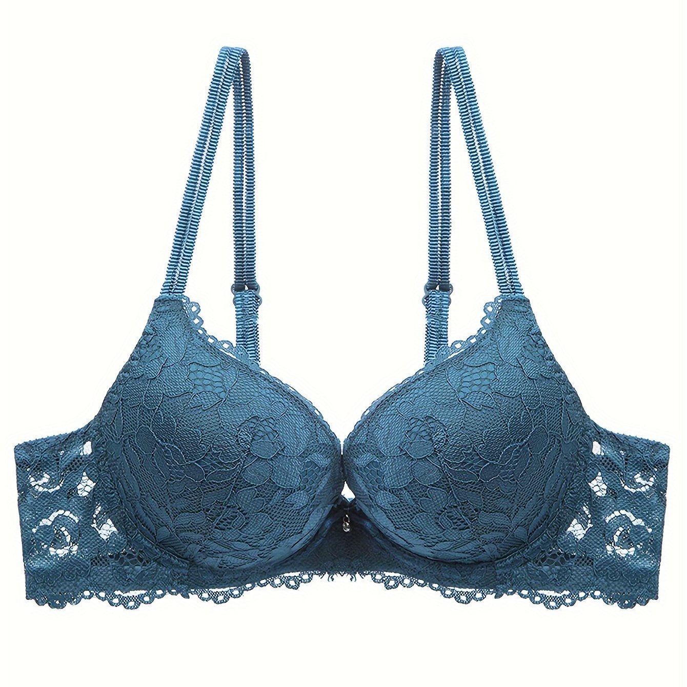 Lace Mesh Hollow Everyday Bra, Comfort & Mature Double Strap Thick Cup Push Up Intimates Bra, Women's Lingerie & Underwear