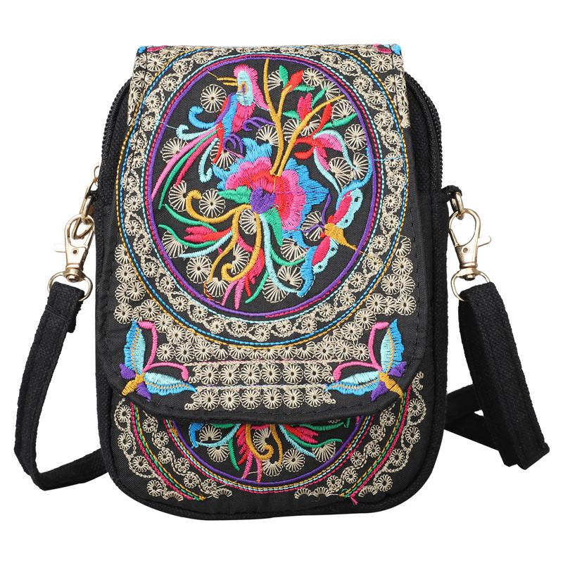 [Embroidered Crossbody] Lightweight Crossbody Bag | Women's Embroidered Mini Shoulder Bag with Detachable Strap - Floral Geometric Embroidery Design, Zipper Closure, Compact, Polyester Lined Interior (Navy/Purple/Red/Black)