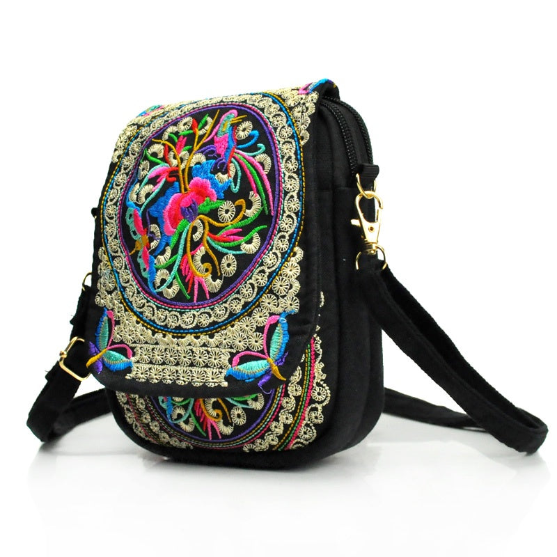 [Embroidered Crossbody] Lightweight Crossbody Bag | Women's Embroidered Mini Shoulder Bag with Detachable Strap - Floral Geometric Embroidery Design, Zipper Closure, Compact, Polyester Lined Interior (Navy/Purple/Red/Black)
