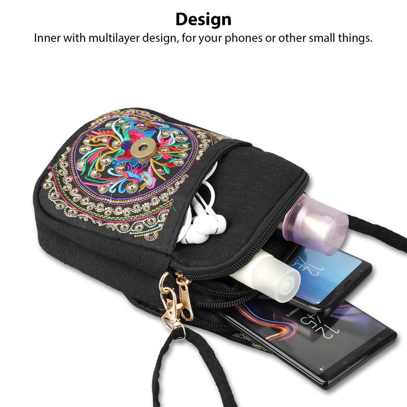 [Embroidered Crossbody] Lightweight Crossbody Bag | Women's Embroidered Mini Shoulder Bag with Detachable Strap - Floral Geometric Embroidery Design, Zipper Closure, Compact, Polyester Lined Interior (Navy/Purple/Red/Black)
