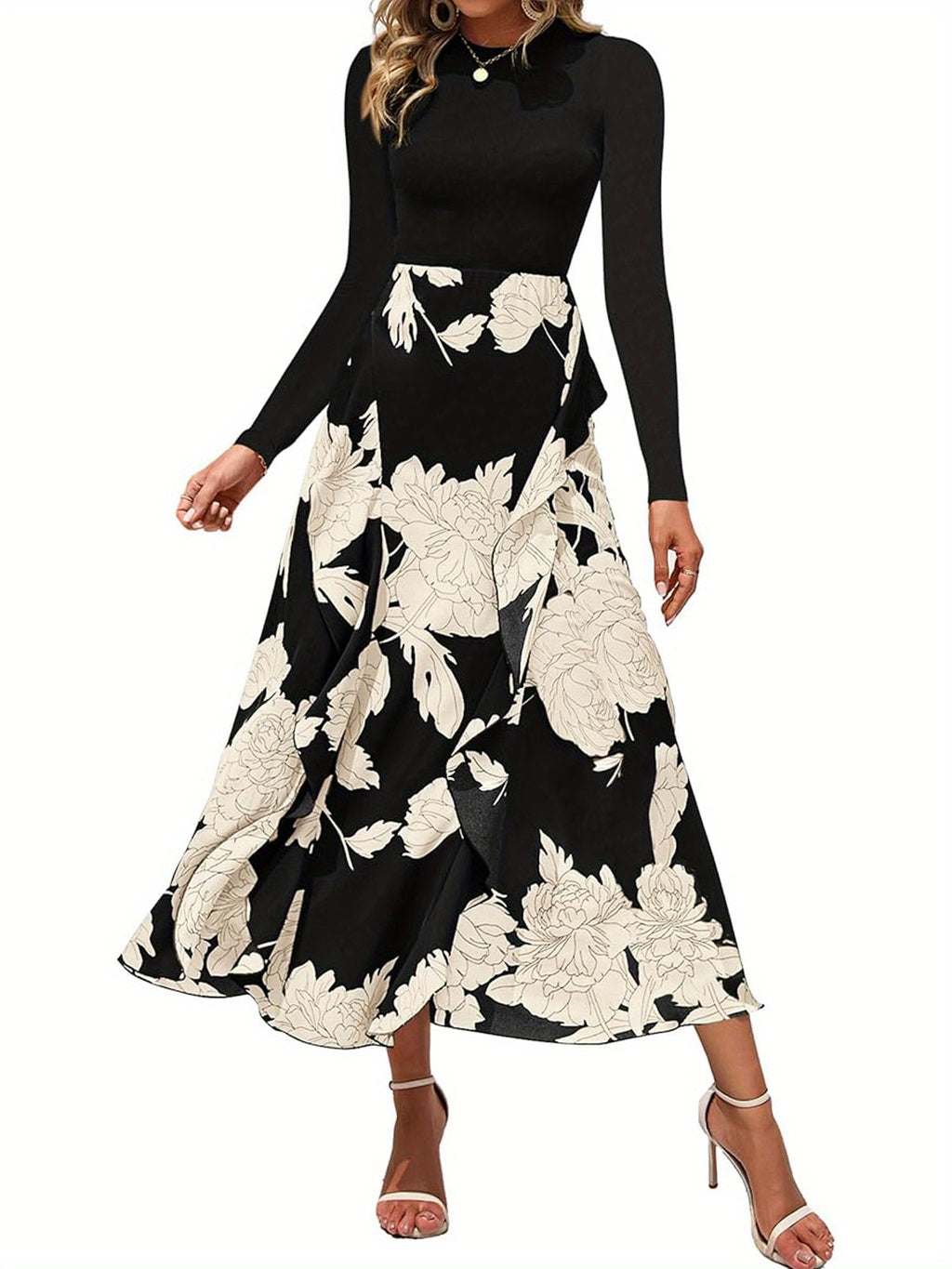 Women Dress, Long Dress, Elegant Dress, Flower Print Maxi Dress, Crewneck Long Sleeve Dresses