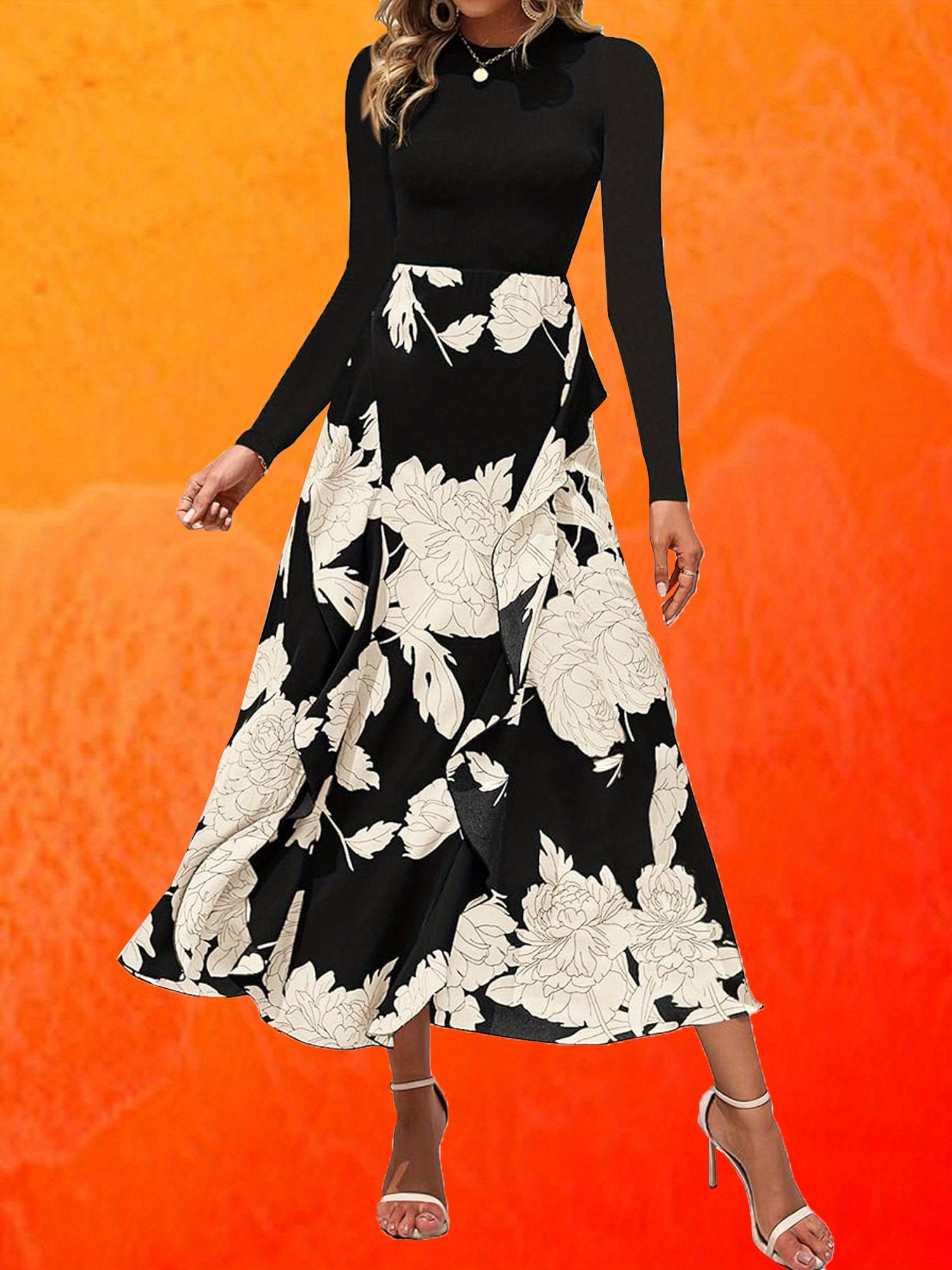 Women Dress, Long Dress, Elegant Dress, Flower Print Maxi Dress, Crewneck Long Sleeve Dresses