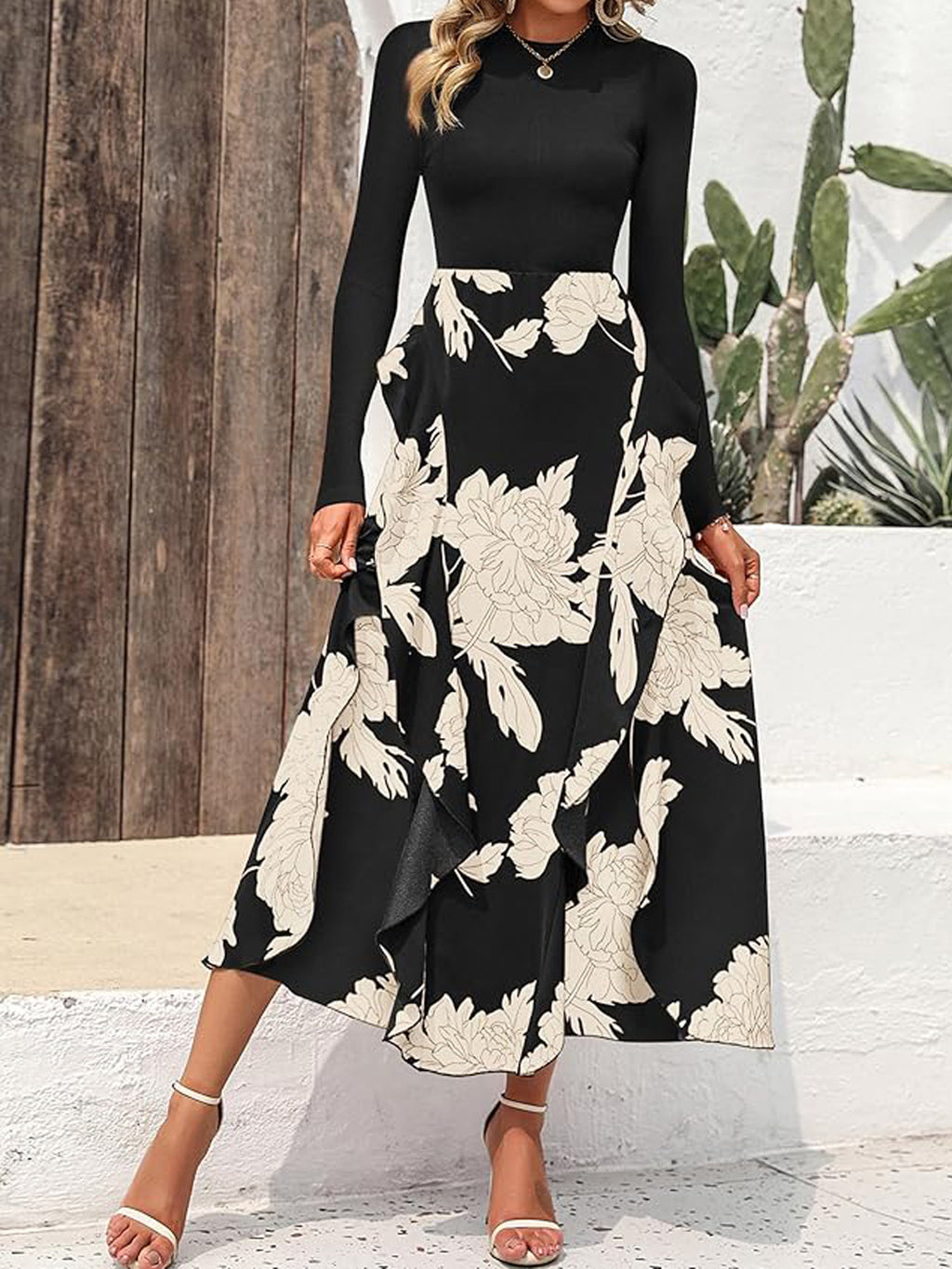 Women Dress, Long Dress, Elegant Dress, Flower Print Maxi Dress, Crewneck Long Sleeve Dresses