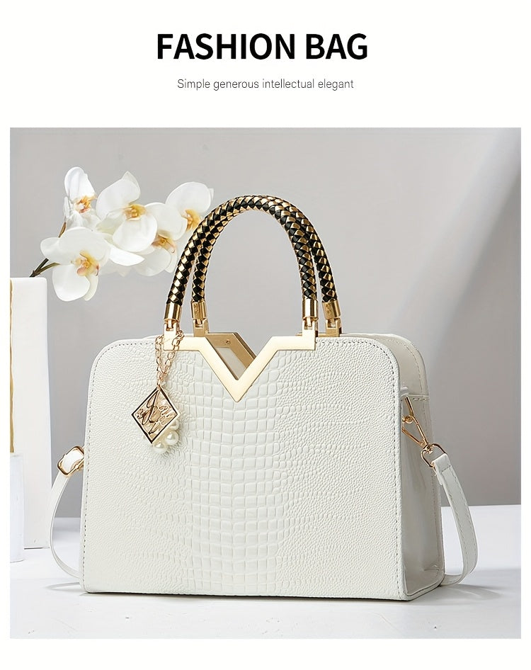 [Stylish Crocodile Bag] Stylish Crocodile Texture Eonothem Women's Handbag | Black Polyester Multi-Compartment Shoulder Bag with Golden-Tone Hardware, Detachable Chain Strap, and Decorative Charm - Perfect for Everyday Use or