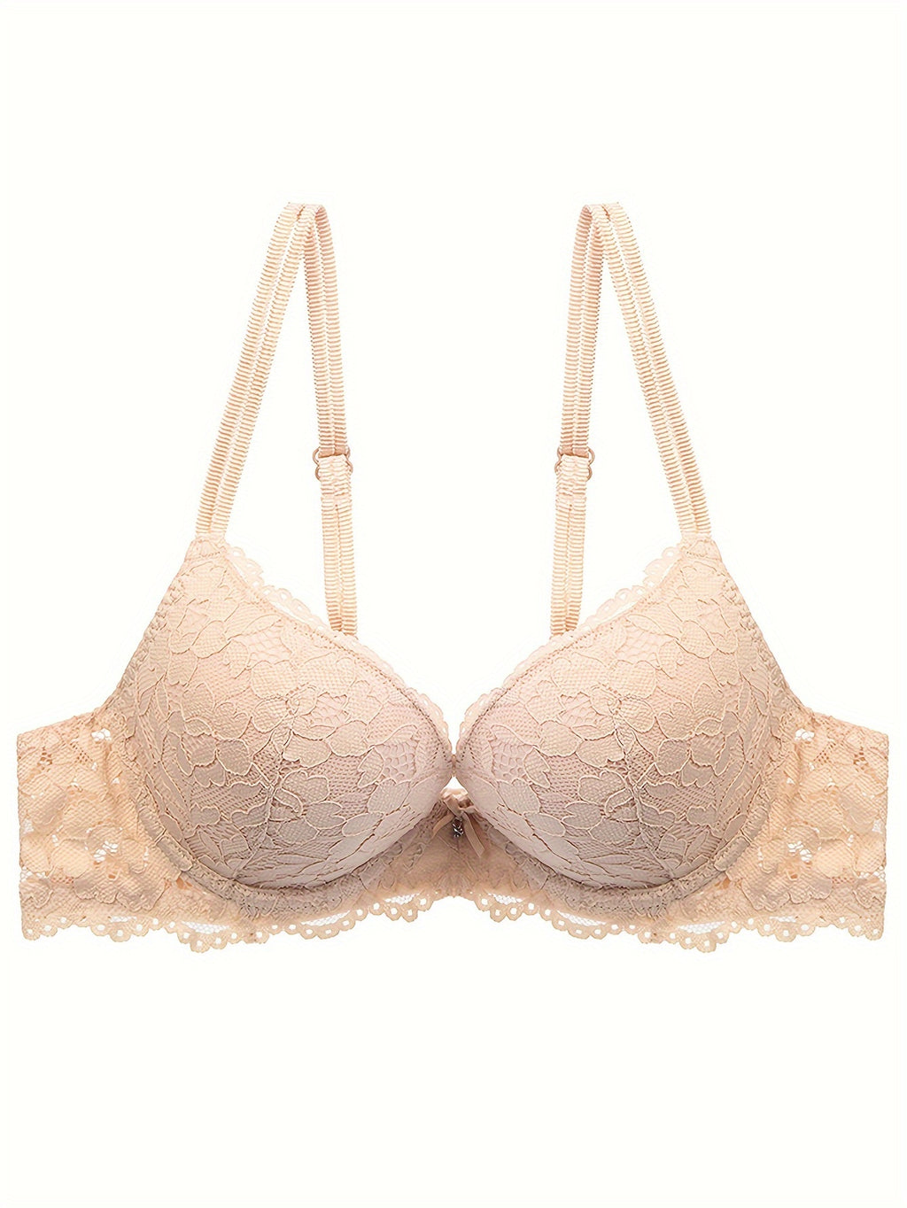 Lace Mesh Hollow Everyday Bra, Comfort & Mature Double Strap Thick Cup Push Up Intimates Bra, Women's Lingerie & Underwear