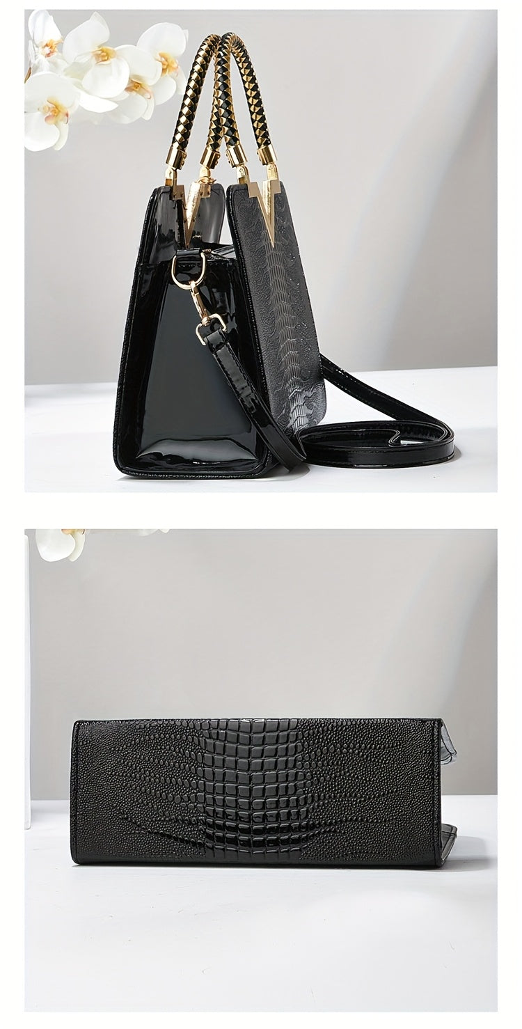 [Stylish Crocodile Bag] Stylish Crocodile Texture Eonothem Women's Handbag | Black Polyester Multi-Compartment Shoulder Bag with Golden-Tone Hardware, Detachable Chain Strap, and Decorative Charm - Perfect for Everyday Use or