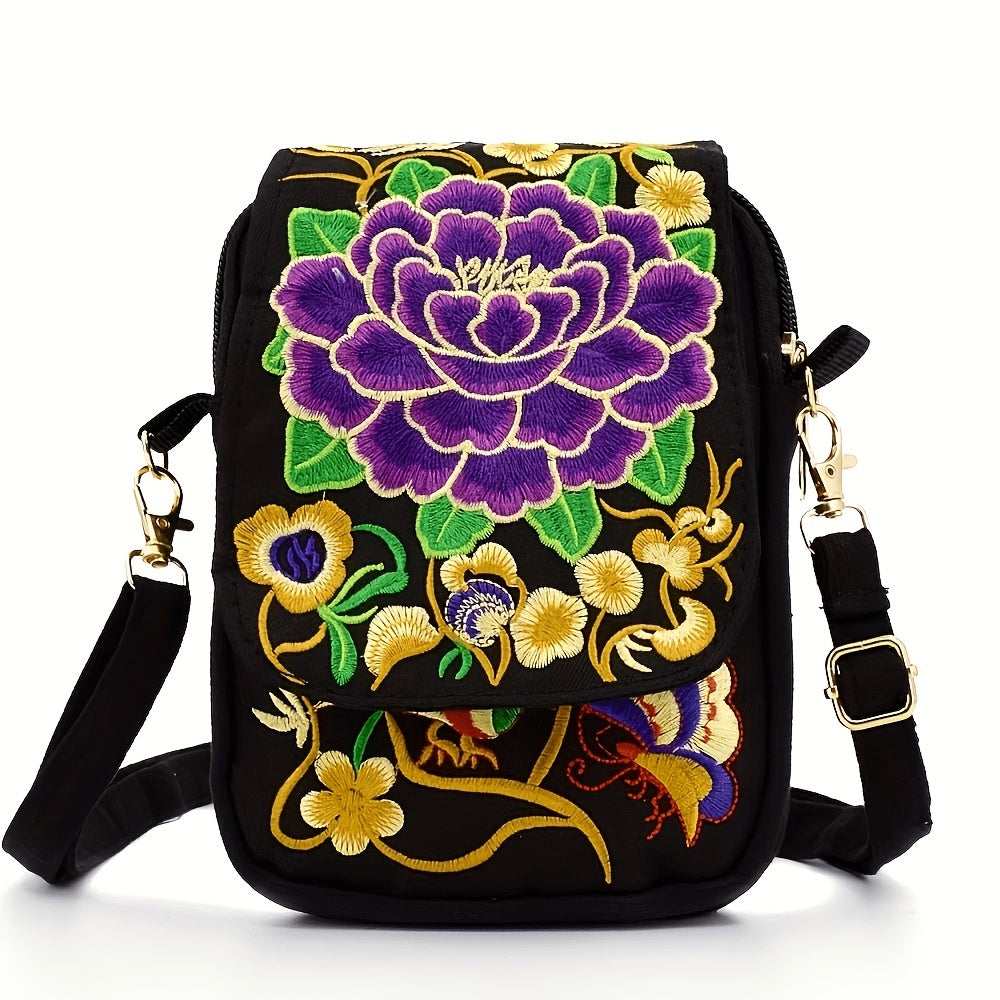 [Embroidered Crossbody] Lightweight Crossbody Bag | Women's Embroidered Mini Shoulder Bag with Detachable Strap - Floral Geometric Embroidery Design, Zipper Closure, Compact, Polyester Lined Interior (Navy/Purple/Red/Black)