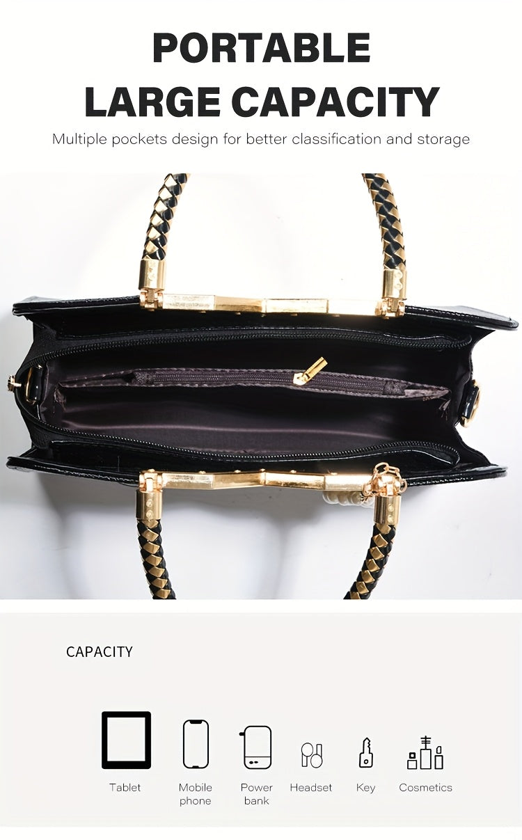 [Stylish Crocodile Bag] Stylish Crocodile Texture Eonothem Women's Handbag | Black Polyester Multi-Compartment Shoulder Bag with Golden-Tone Hardware, Detachable Chain Strap, and Decorative Charm - Perfect for Everyday Use or