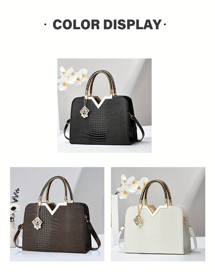 [Stylish Crocodile Bag] Stylish Crocodile Texture Eonothem Women's Handbag | Black Polyester Multi-Compartment Shoulder Bag with Golden-Tone Hardware, Detachable Chain Strap, and Decorative Charm - Perfect for Everyday Use or