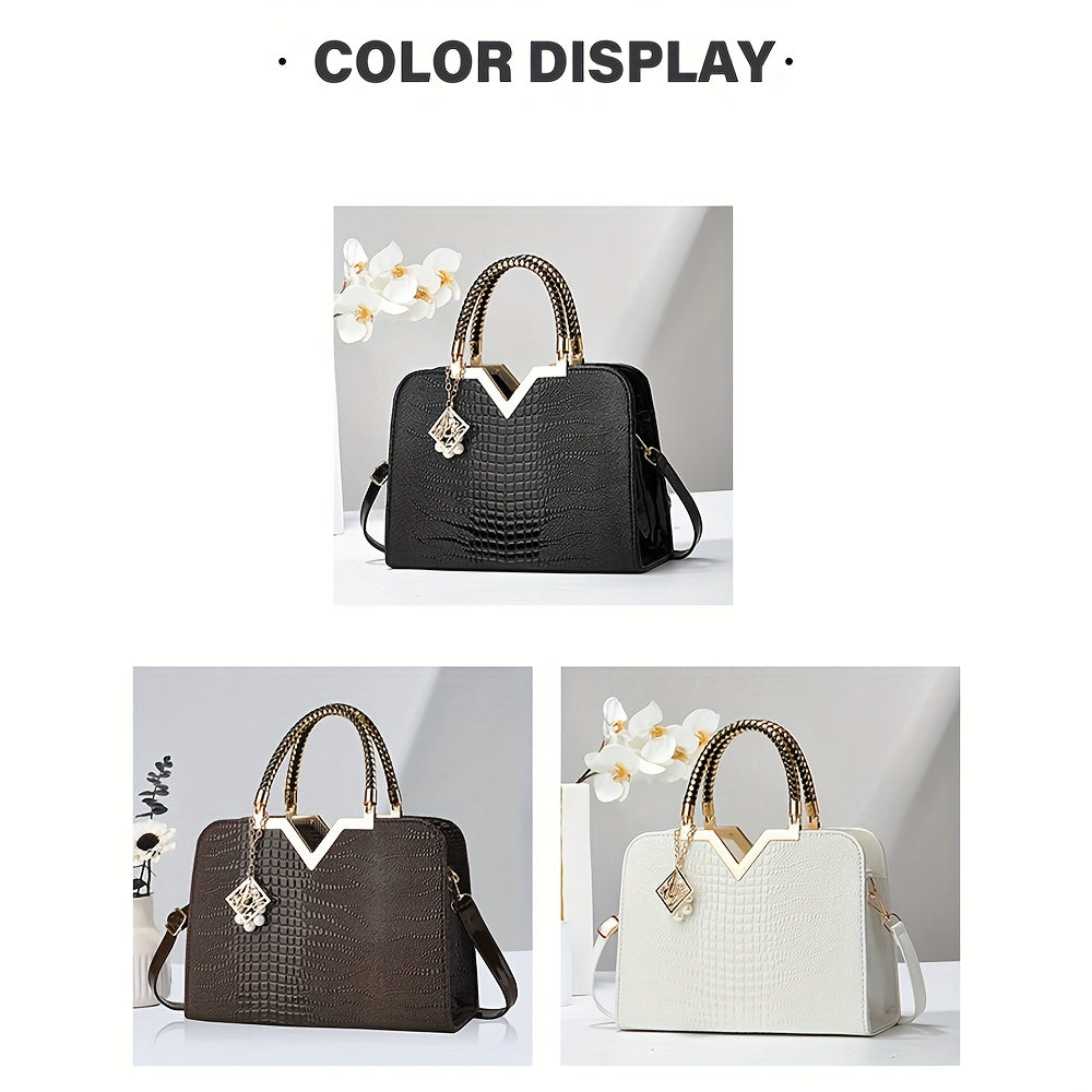 [Stylish Crocodile Bag] Stylish Crocodile Texture Eonothem Women's Handbag | Black Polyester Multi-Compartment Shoulder Bag with Golden-Tone Hardware, Detachable Chain Strap, and Decorative Charm - Perfect for Everyday Use or