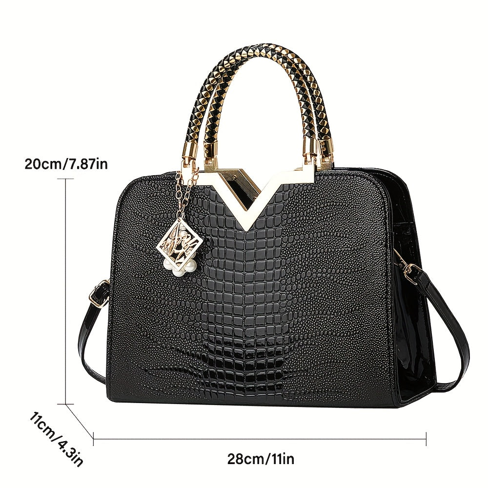 [Stylish Crocodile Bag] Stylish Crocodile Texture Eonothem Women's Handbag | Black Polyester Multi-Compartment Shoulder Bag with Golden-Tone Hardware, Detachable Chain Strap, and Decorative Charm - Perfect for Everyday Use or