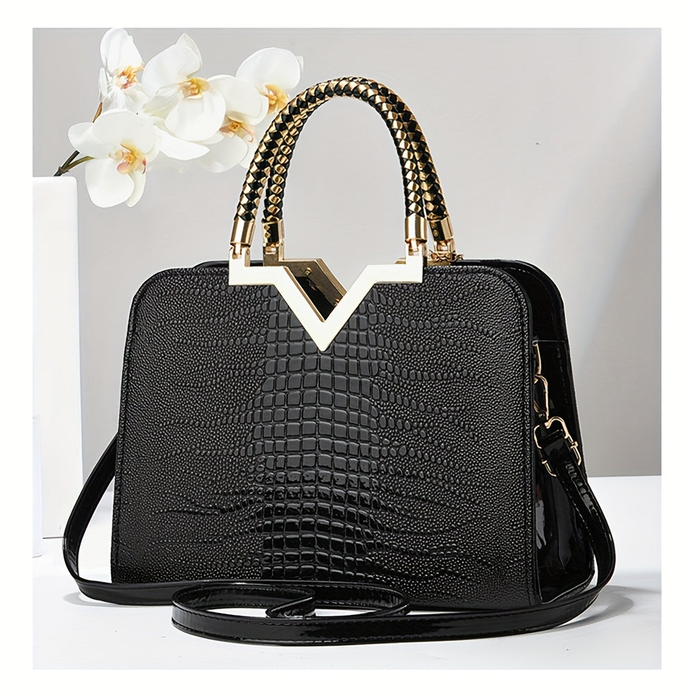 [Stylish Crocodile Bag] Stylish Crocodile Texture Eonothem Women's Handbag | Black Polyester Multi-Compartment Shoulder Bag with Golden-Tone Hardware, Detachable Chain Strap, and Decorative Charm - Perfect for Everyday Use or