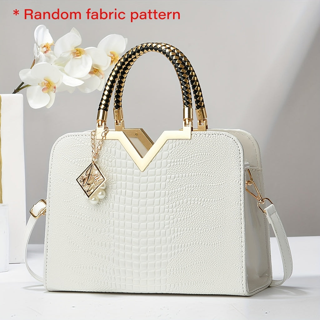 [Stylish Crocodile Bag] Stylish Crocodile Texture Eonothem Women's Handbag | Black Polyester Multi-Compartment Shoulder Bag with Golden-Tone Hardware, Detachable Chain Strap, and Decorative Charm - Perfect for Everyday Use or