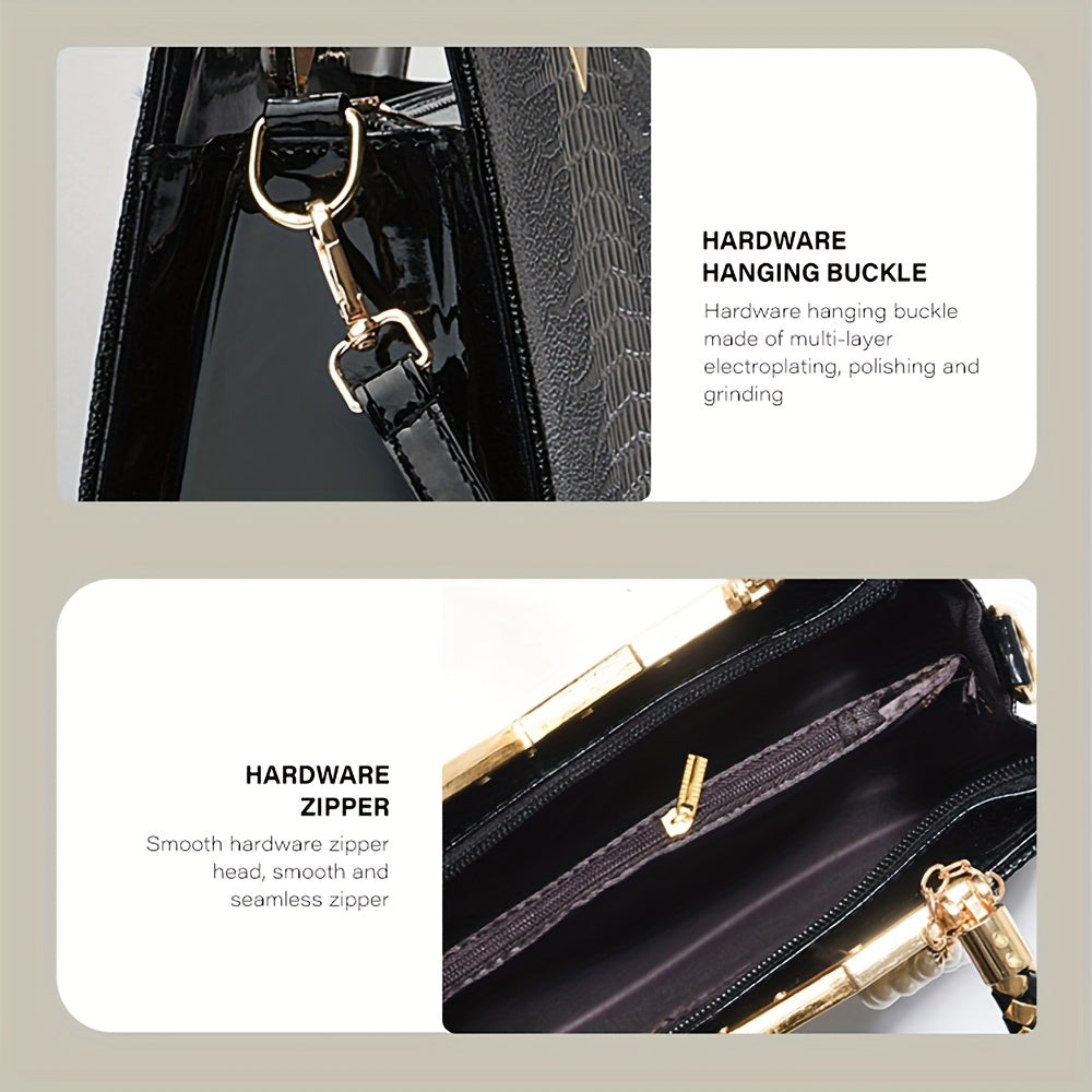 [Stylish Crocodile Bag] Stylish Crocodile Texture Eonothem Women's Handbag | Black Polyester Multi-Compartment Shoulder Bag with Golden-Tone Hardware, Detachable Chain Strap, and Decorative Charm - Perfect for Everyday Use or