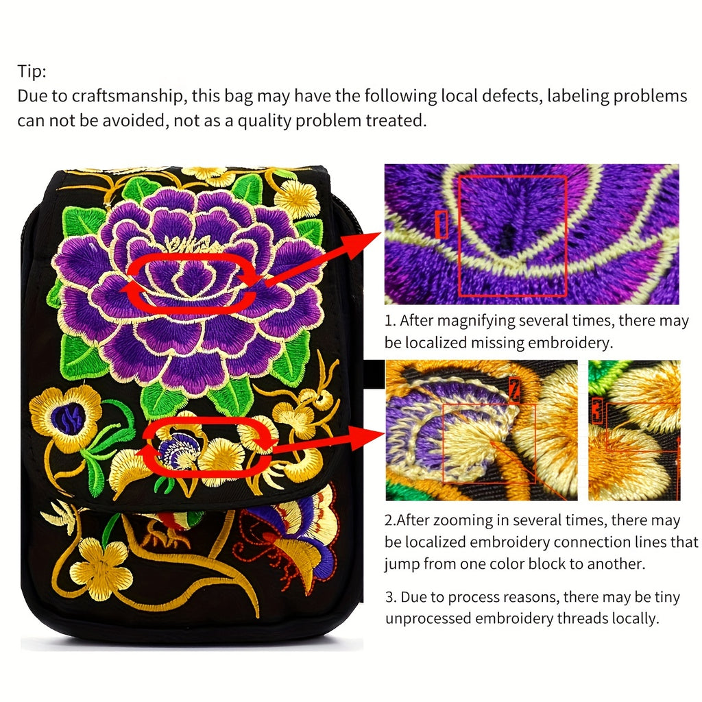 [Embroidered Crossbody] Lightweight Crossbody Bag | Women's Embroidered Mini Shoulder Bag with Detachable Strap - Floral Geometric Embroidery Design, Zipper Closure, Compact, Polyester Lined Interior (Navy/Purple/Red/Black)