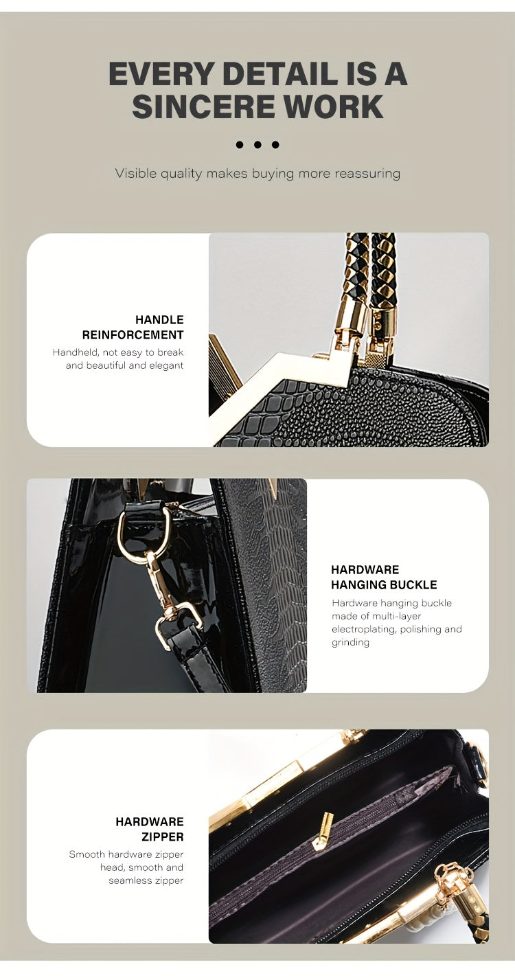 [Stylish Crocodile Bag] Stylish Crocodile Texture Eonothem Women's Handbag | Black Polyester Multi-Compartment Shoulder Bag with Golden-Tone Hardware, Detachable Chain Strap, and Decorative Charm - Perfect for Everyday Use or