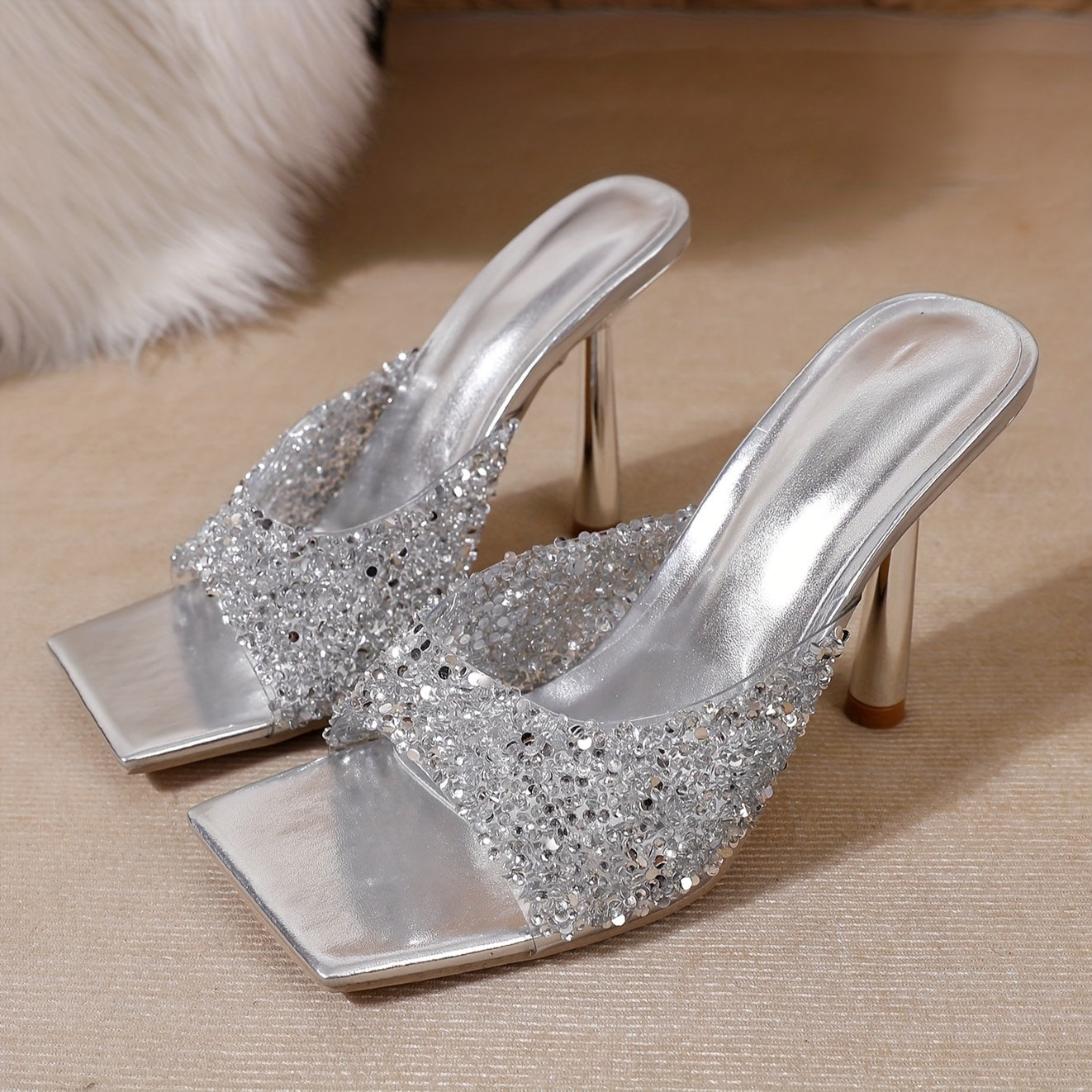 Women's Rhinestone-Adorned High-Heel Slip-Resistant Square Toe Mules - Sparkling PU Cover-like TPU & Rubber Sole, Glittering Party Shoes with Arch, Comfortable Elegant Dress Shoes for Women (Shimmering Rhinestone-Encrusted, S