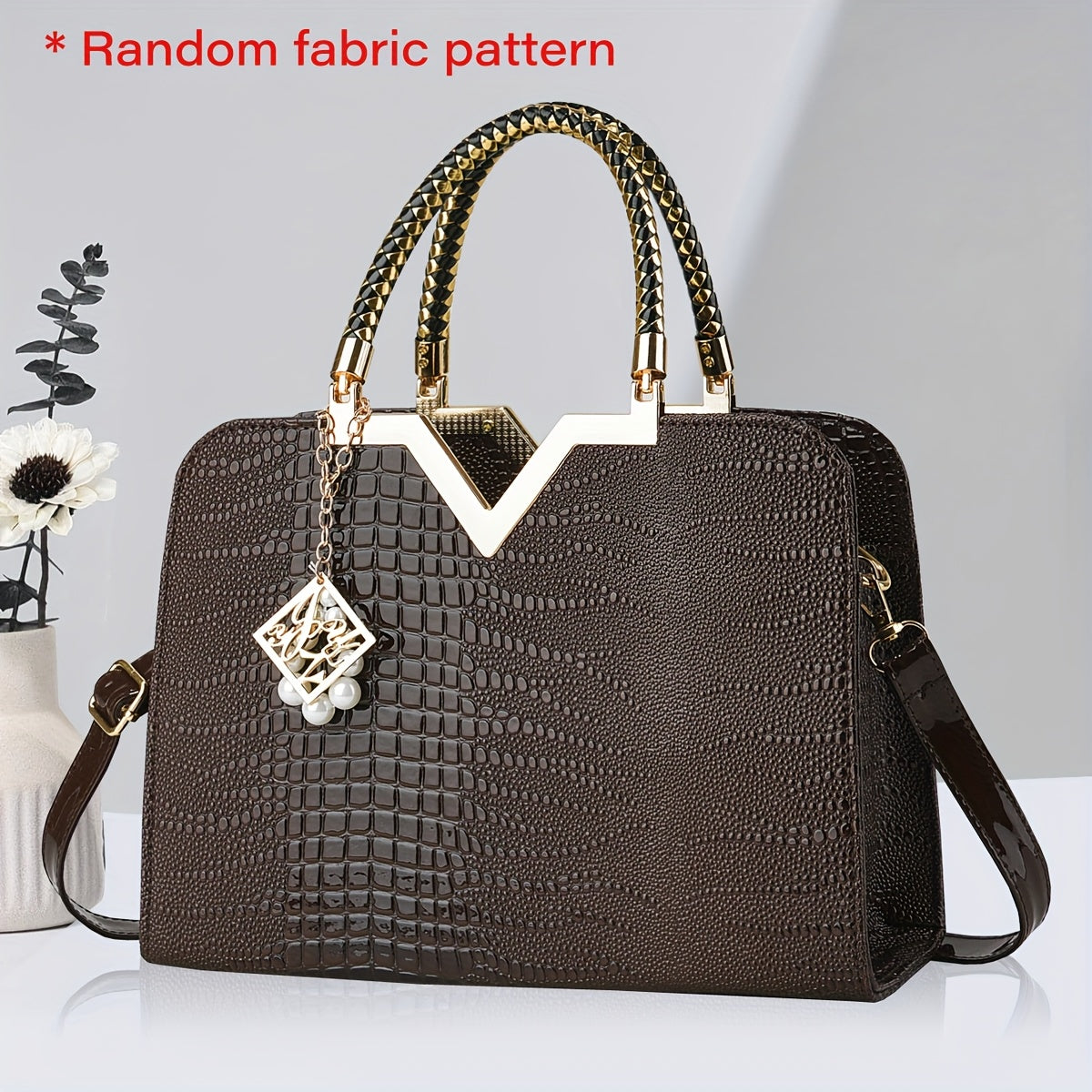 [Stylish Crocodile Bag] Stylish Crocodile Texture Eonothem Women's Handbag | Black Polyester Multi-Compartment Shoulder Bag with Golden-Tone Hardware, Detachable Chain Strap, and Decorative Charm - Perfect for Everyday Use or