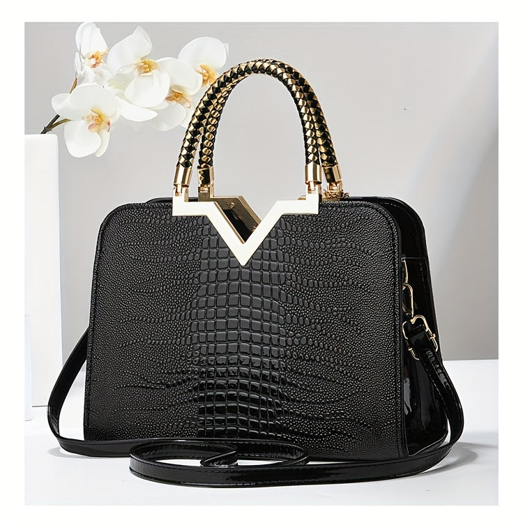 [Stylish Crocodile Bag] Stylish Crocodile Texture Eonothem Women's Handbag | Black Polyester Multi-Compartment Shoulder Bag with Golden-Tone Hardware, Detachable Chain Strap, and Decorative Charm - Perfect for Everyday Use or