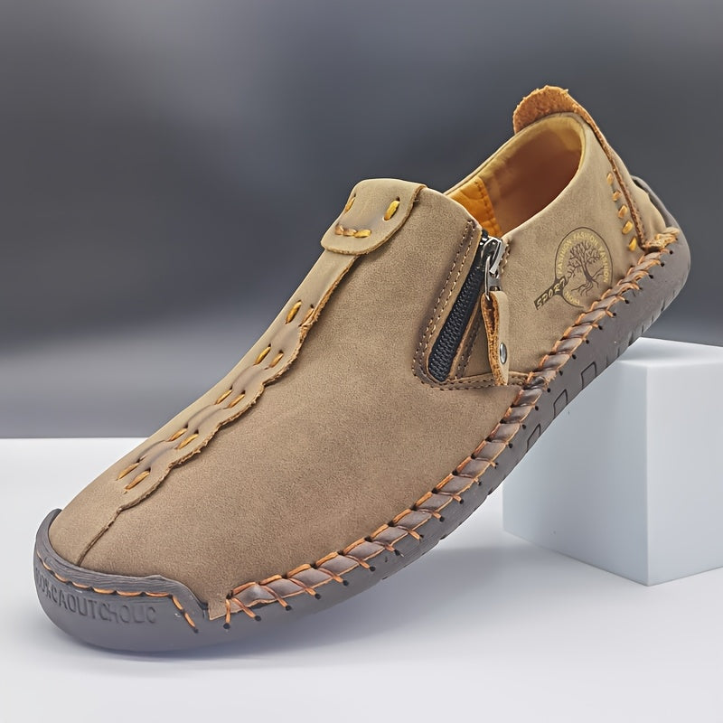 Men'S Vintage Loafers - Handmade Synthetic Shoes with Zipper Closure, Round Toe & Rubber Sole, Brown & Black Design for Casual & Formal Wear, Formal Footwear, Durable Footwear