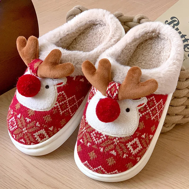 New Winter Lovely Women's Slippers Home Cute Cartoon  Slippers Christmas Deer Non-Slip House Shoes