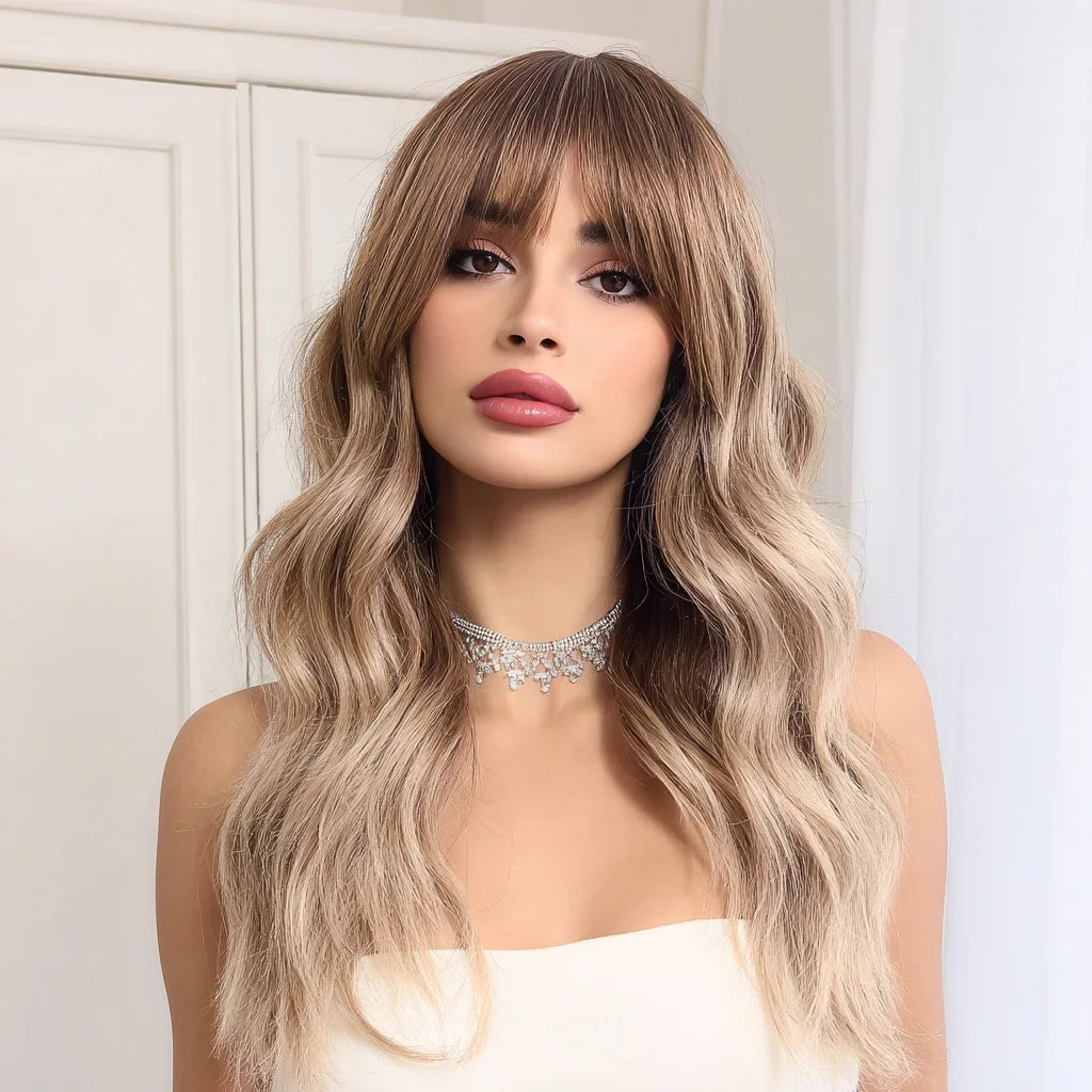 European and American Fashion Gold Brown Gradient Wavy Curly Bangs Women Wig Synthetic Wigs SM6088