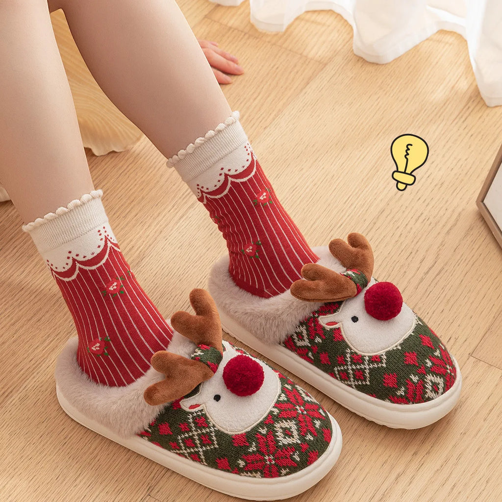 New Winter Lovely Women's Slippers Home Cute Cartoon  Slippers Christmas Deer Non-Slip House Shoes