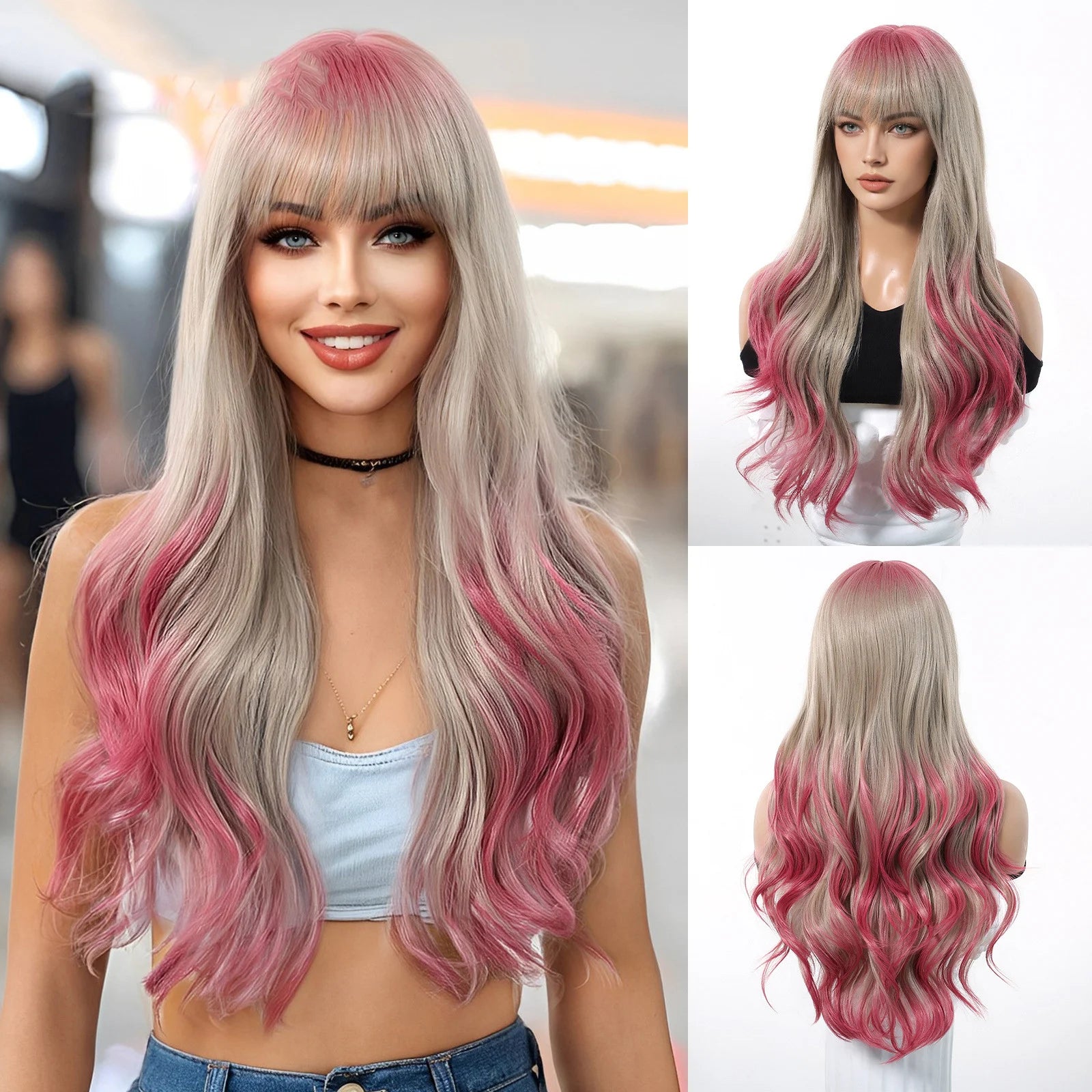 European and American Cosplay Festival Fringe Dragon Fruit Color White Big Waves Long Curly Hair No Lace Wig