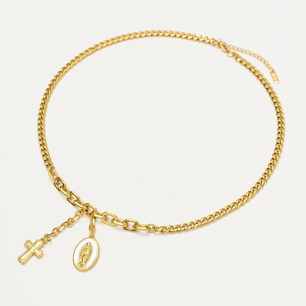 Religious Jewelry Waterproof Tarnish Free 18K Stainless Steel Virgin Mary Rosary Cross Tassels Necklace for Women