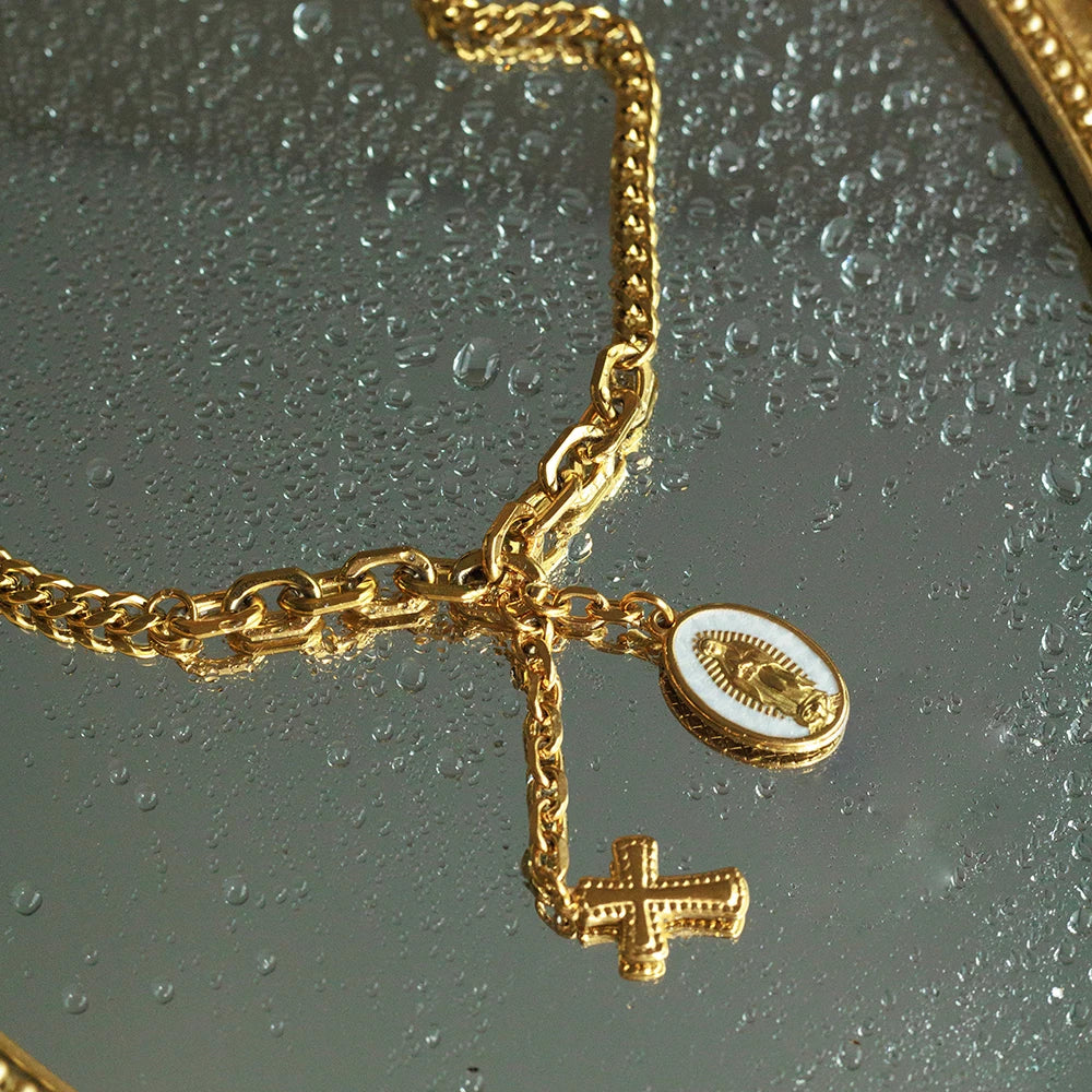 Religious Jewelry Waterproof Tarnish Free 18K Stainless Steel Virgin Mary Rosary Cross Tassels Necklace for Women