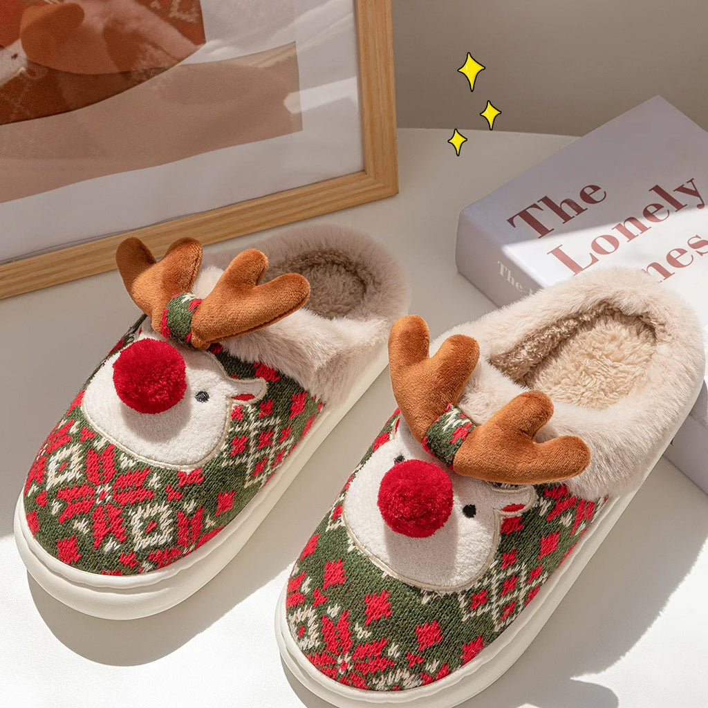 New Winter Lovely Women's Slippers Home Cute Cartoon  Slippers Christmas Deer Non-Slip House Shoes