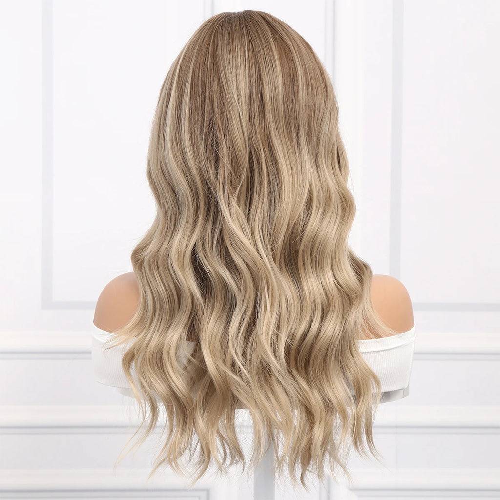 European and American Fashion Gold Brown Gradient Wavy Curly Bangs Women Wig Synthetic Wigs SM6088