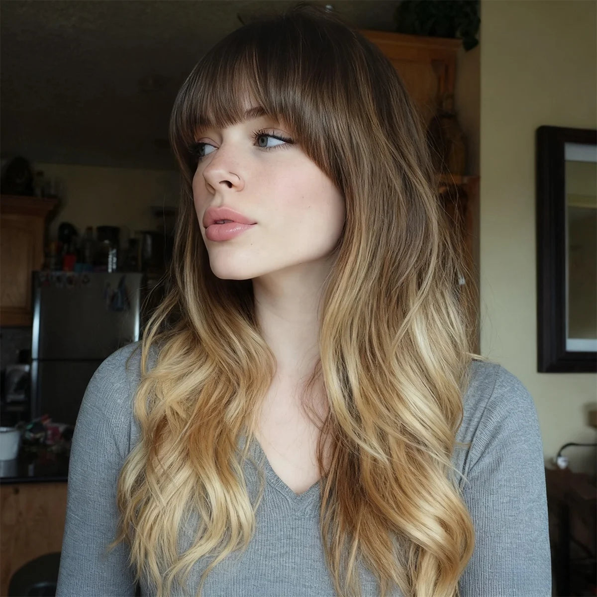 European and American Fashion Gold Brown Gradient Wavy Curly Bangs Women Wig Synthetic Wigs SM6088