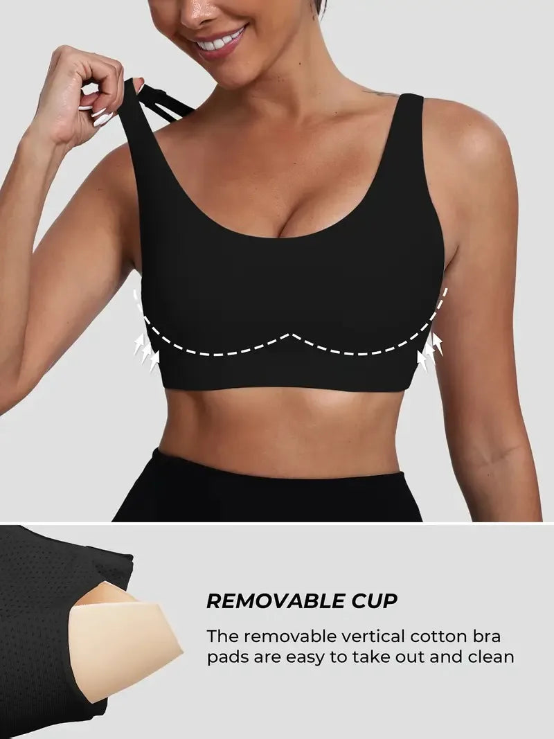 Women's Sports Bra with Medium Support Cross Back Padded Strappy Design Removable Cups Breathable Yoga Bra