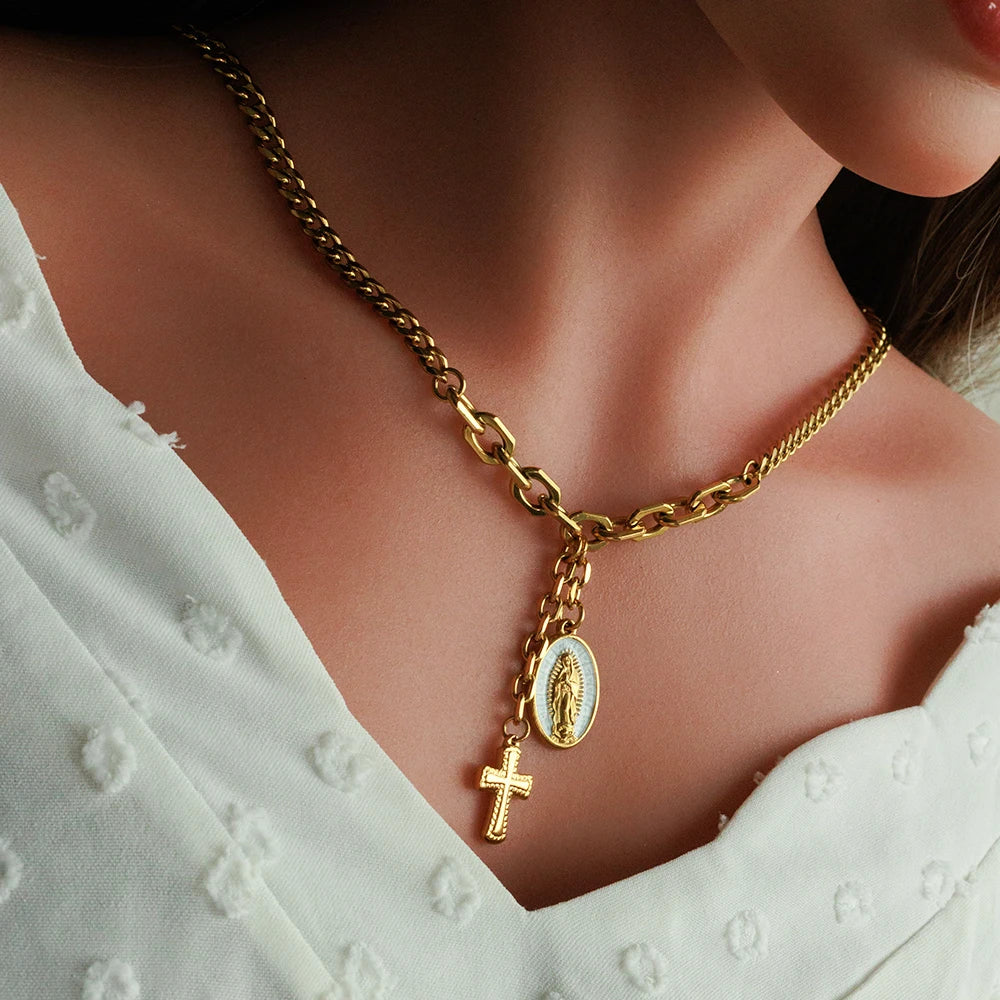 Religious Jewelry Waterproof Tarnish Free 18K Stainless Steel Virgin Mary Rosary Cross Tassels Necklace for Women