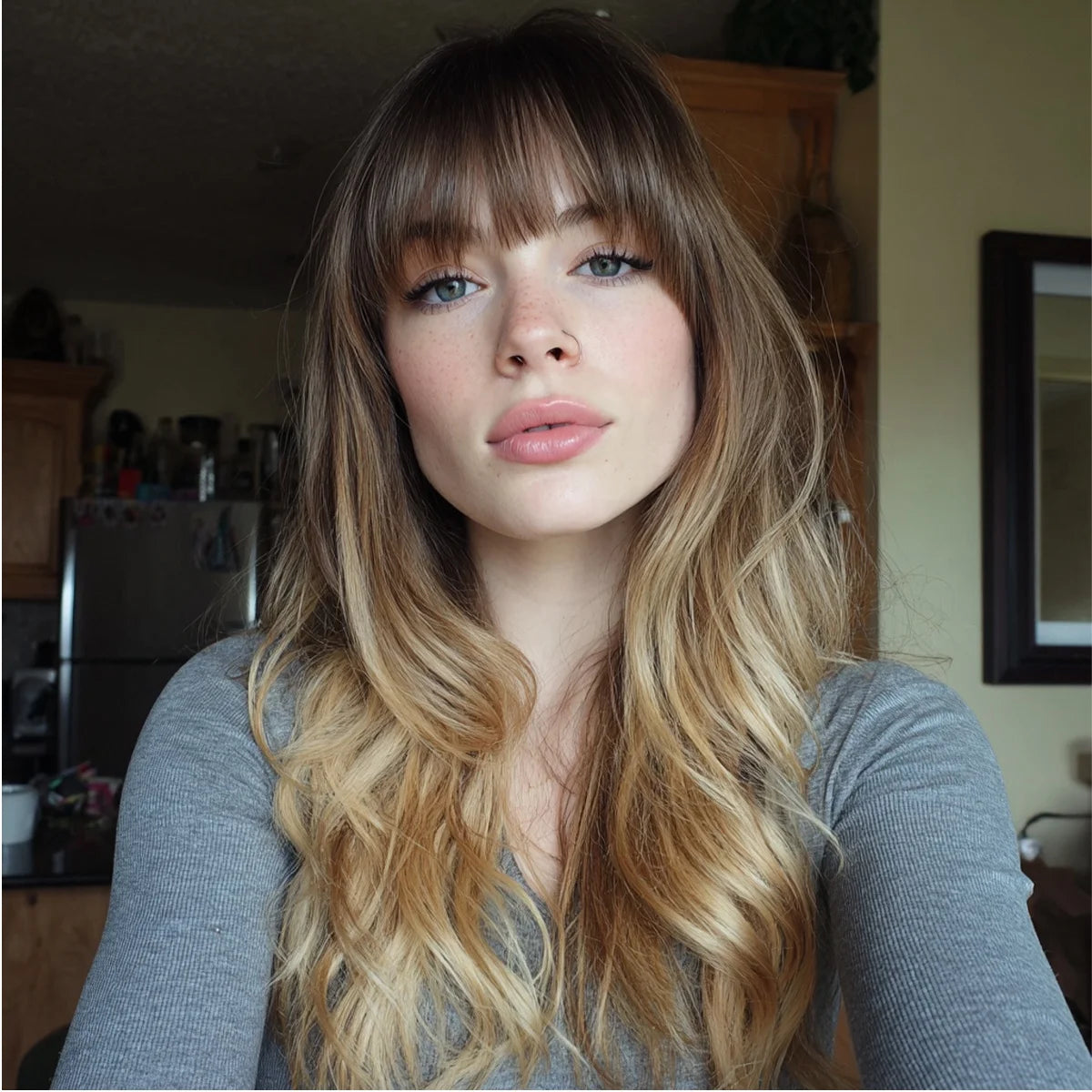 European and American Fashion Gold Brown Gradient Wavy Curly Bangs Women Wig Synthetic Wigs SM6088