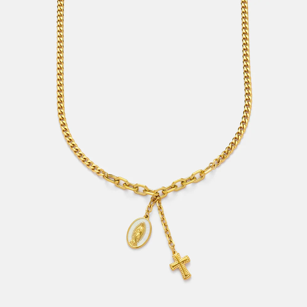 Religious Jewelry Waterproof Tarnish Free 18K Stainless Steel Virgin Mary Rosary Cross Tassels Necklace for Women