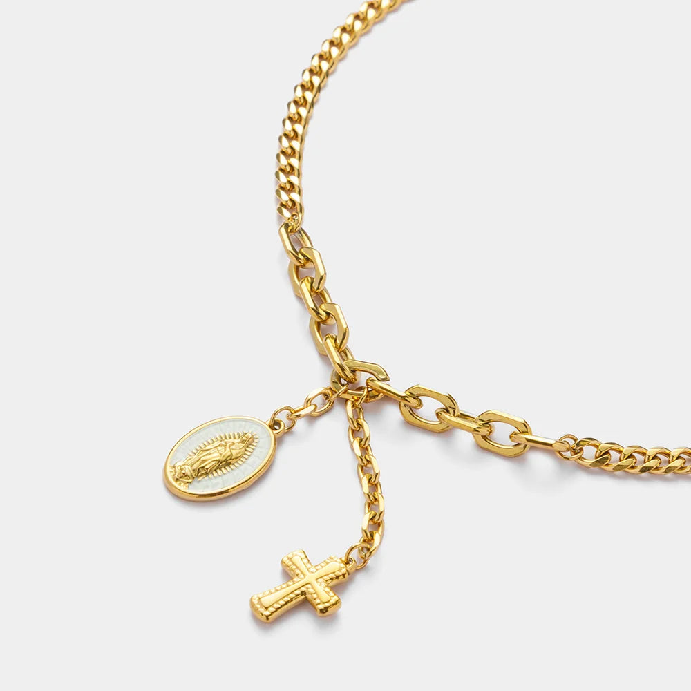 Religious Jewelry Waterproof Tarnish Free 18K Stainless Steel Virgin Mary Rosary Cross Tassels Necklace for Women