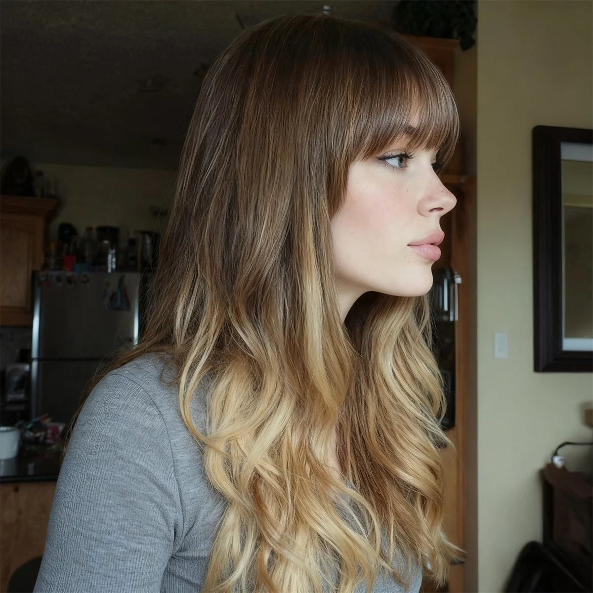 European and American Fashion Gold Brown Gradient Wavy Curly Bangs Women Wig Synthetic Wigs SM6088