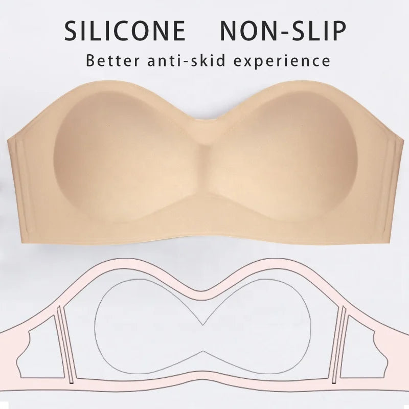 Hot Sale Nude Ladies Comfortable Bandeau Adhesive Bra Strapless Sticky Push up Lift Bustier Padded Seamless Bras for Women