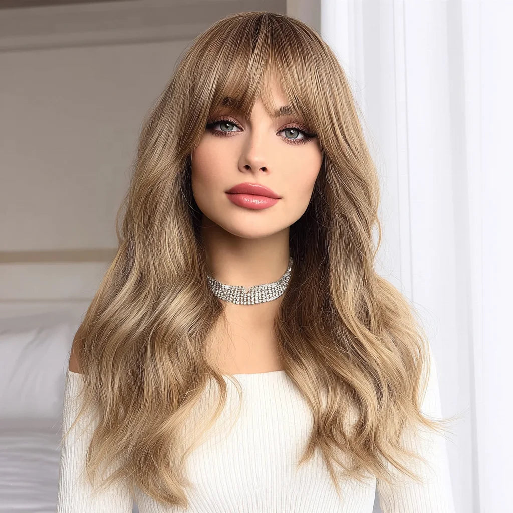European and American Fashion Gold Brown Gradient Wavy Curly Bangs Women Wig Synthetic Wigs SM6088