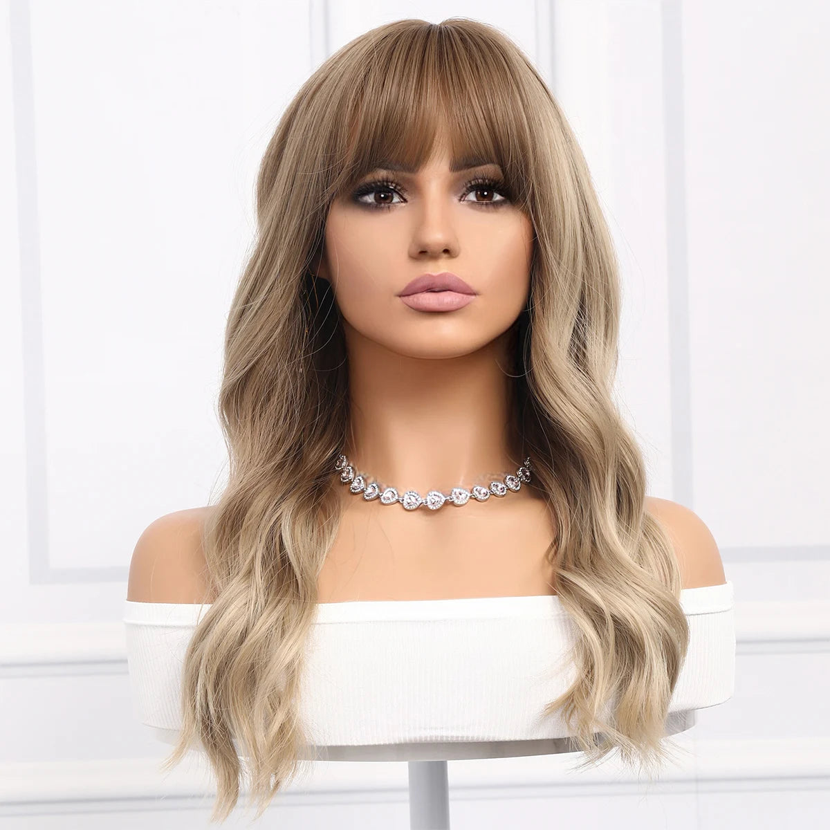 European and American Fashion Gold Brown Gradient Wavy Curly Bangs Women Wig Synthetic Wigs SM6088