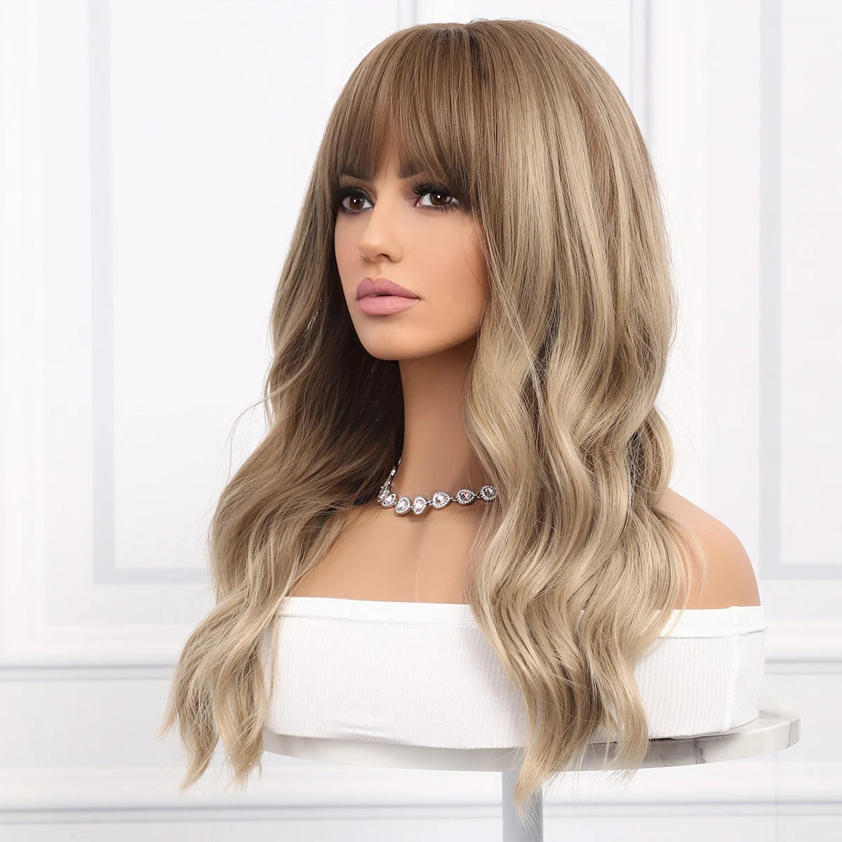 European and American Fashion Gold Brown Gradient Wavy Curly Bangs Women Wig Synthetic Wigs SM6088