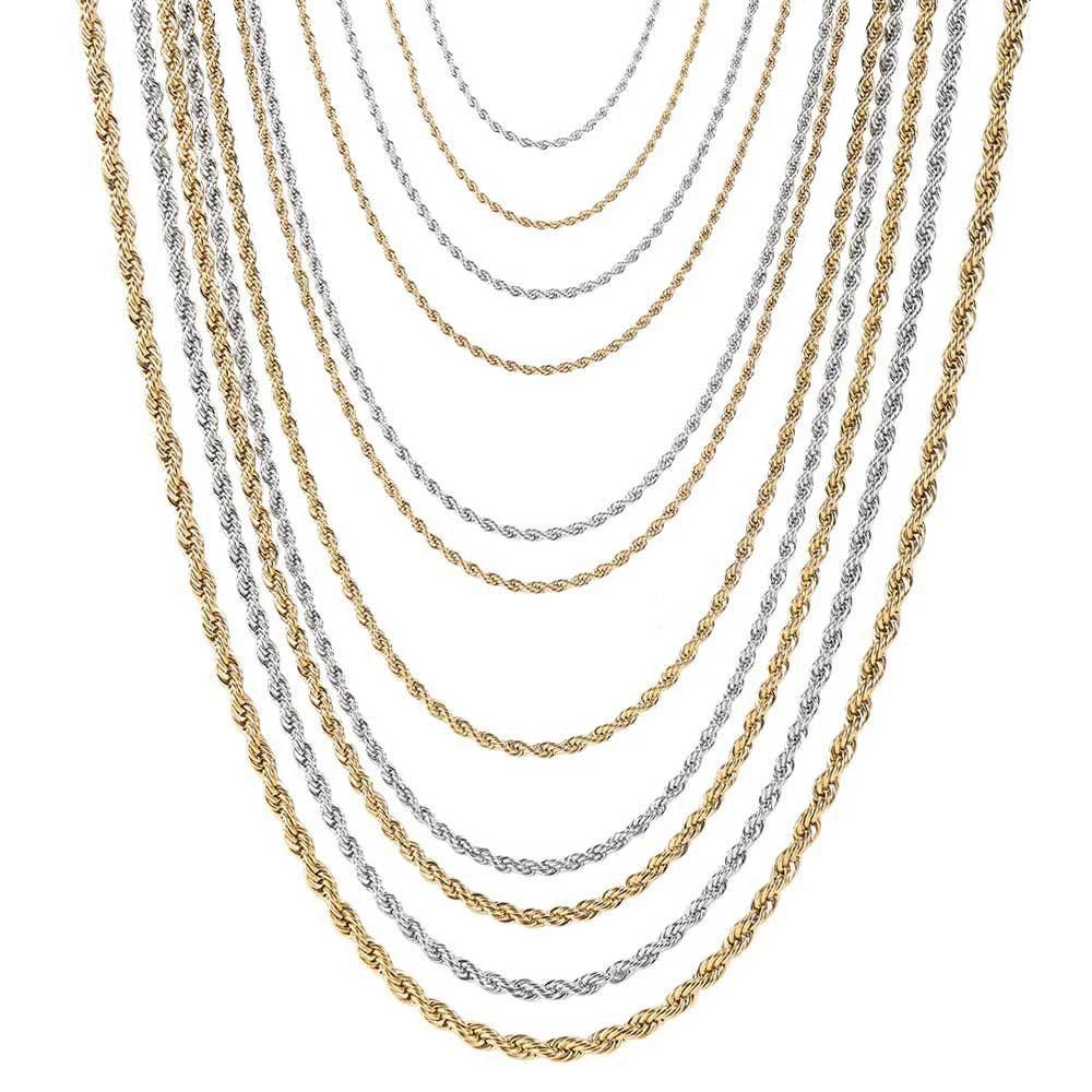 Wholesale  Twisted Rope Chain 2mm 3mm 5mm 6mm  8mm 10mm Gold Plated Stainless Steel Hip Hop Necklace Jewelry