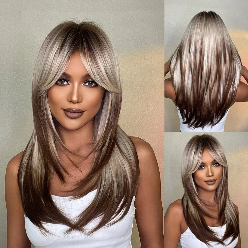 HENRY MARGU Long Straight Synthetic Wigs for Women Natural Brown Blonde Wig with Bangs Heat Resistant Cosplay Party Hair