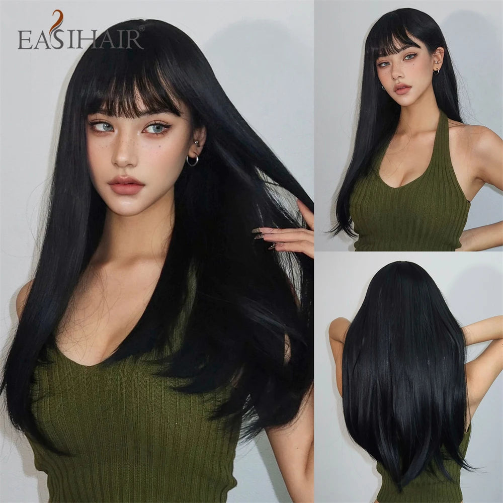 EASIHAIR Synthetic Layered Wig Ombre Gray Blonde Long Straight Women Hair Wigs with Bangs for Cosplay Party Daily Heat Resistant