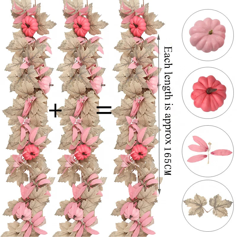Halloween Thanksgiving Pink Decorations Artificial Fall Maple Leaves Garland Autumn Hanging Pink Pumpkins Flowers Berries Rattan